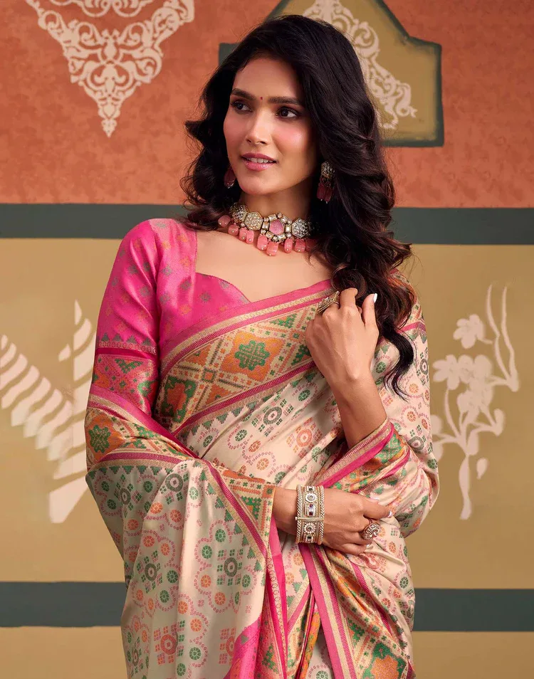 SILK OFF WHITE PINK SAREE thumbnail 2