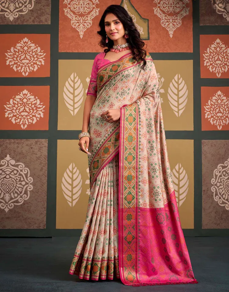 SILK OFF WHITE PINK SAREE